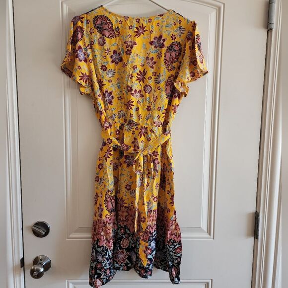 Boho Chic Yellow Paisley Surplice Tie Waist Ruffle Hem Dress Large - Picture 5 of 12